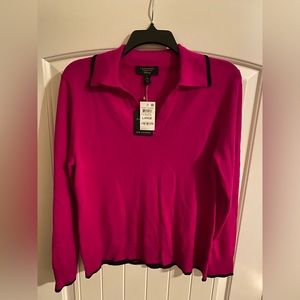 Charter Club Cashmere Collared LS Sweater Fuschia Sz L NWT
